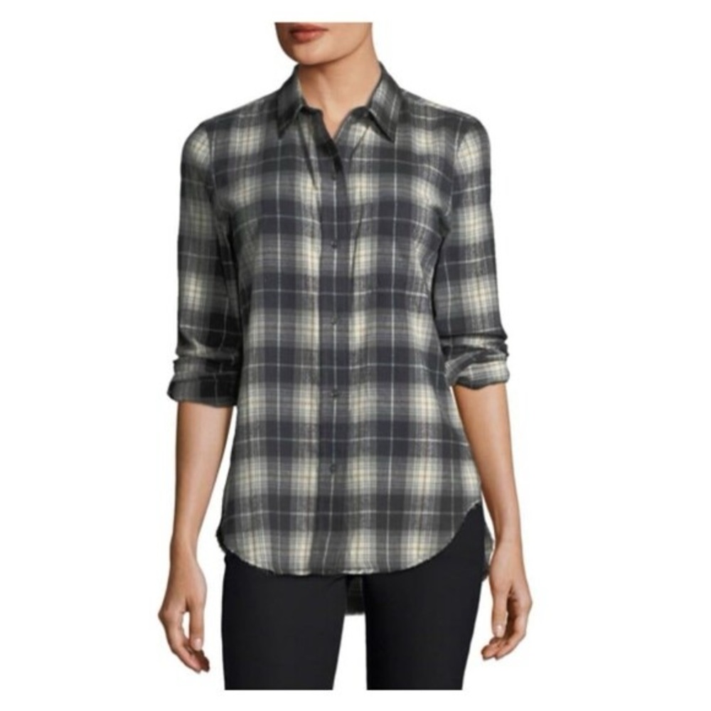 EUC Vince Cotton Flannel Black Ivory Plaid Frayed Button-Up Shirt XS Raw Hem Top